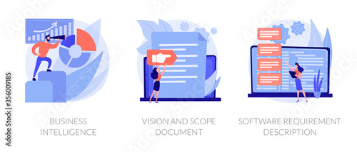 Company activity stats automation. Paperwork optimization. Business intelligence, vision and scope document, software requirement description metaphors. Vector isolated concept metaphor illustrations photo