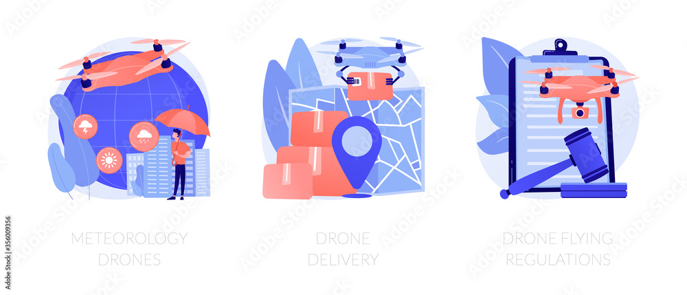 Multifunctional quadrotors for industrial usage. Quadcopters in postal service. Meteorology drones, drone delivery, drone flying regulations metaphors. Vector isolated concept metaphor illustrations
