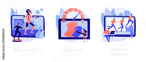 Modern filmmaking technology. Psychology of positive client feedback. Special effects design, emotional design, computer animation metaphors. Vector isolated concept metaphor illustrations