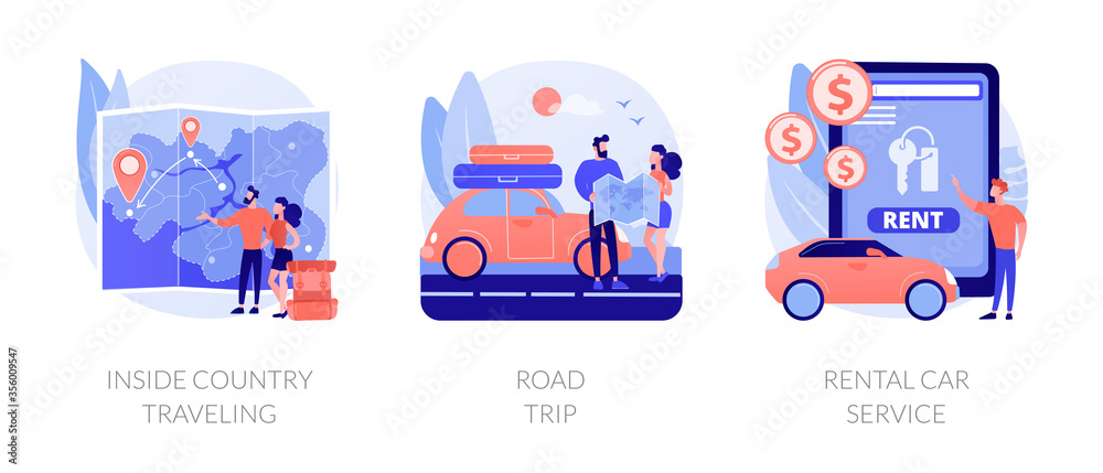 Active holiday metaphors. Inside country travel, road trip, rental car service. Low cost journey. Weekend adventure. Renting transport. Vector isolated concept metaphor illustrations.