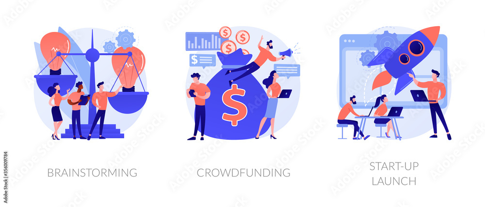 Innovative business ideas implementation and teamwork. Company personnel meeting. Brainstorming, crowdfunding, start-up launch metaphors. Vector isolated concept metaphor illustrations