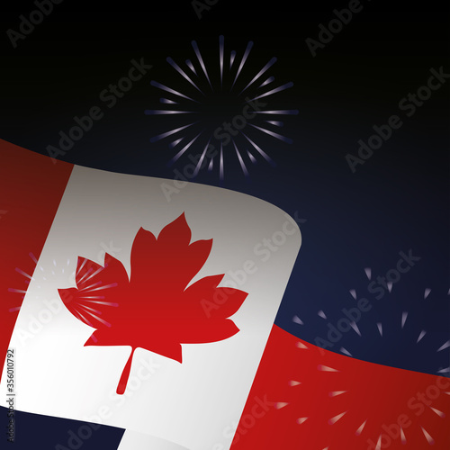 Canadian flag with fireworks of happy canada day vector design
