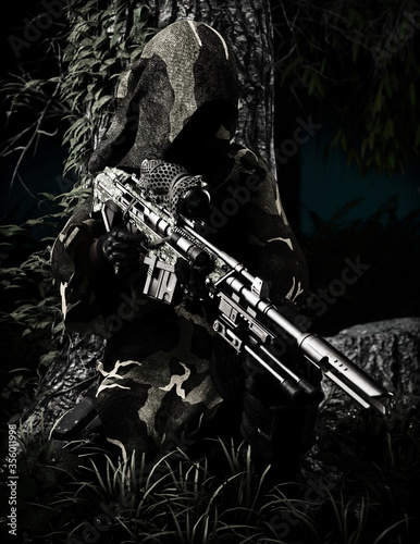 фотографія A camouflaged military sniper waits silently in thick forest terrain
