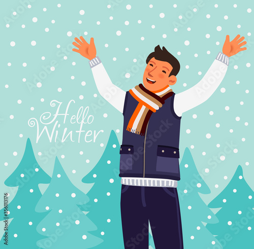 Young, happy and smiling man having fun outdoor in winter forest under snowflakes. Magic snowfall. Christmas and New Year vector illustration