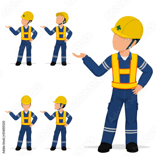 Set of industrial worker is presenting something