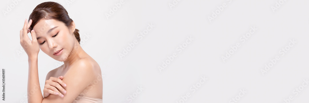 Banner of Beautiful Young Asian Woman Touch Shoulder healthy skin Banner of Beautiful Young Asian Woman Touch Shoulder healthy skin