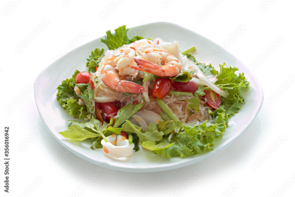 Thai Spicy Seafood Salad with vermicelli or ,yam wun sen, in Thai isolated on white background. With clipping path. Thai Spicy Seafood Salad with vermicelli or ,yam wun sen, in Thai isolated on white background. With clipping path.