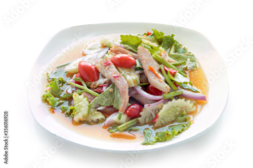 Grilled Pork Neck Salad Thai food served. Hot and Spicy Slice grilled pork menu Asian food isolated on white background. With clipping path.