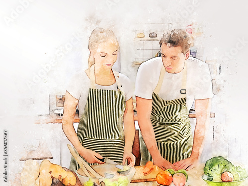 Abstract colorful young couples are enjoying cooking at the kitchen in working from home on watercolor illustration painting background.