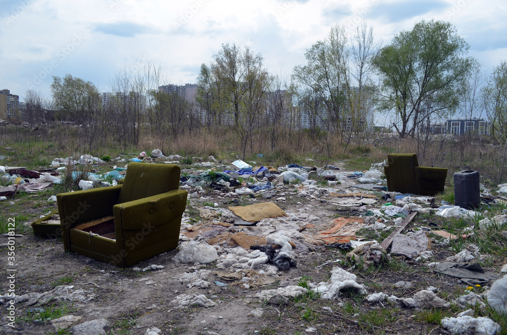 Spring landscape.Ecology of Ukraine. Nature near Ukrainian capital. Environmental contamination. Illegal junk dump. . Kiev,Ukraine Spring landscape.Ecology of Ukraine. Nature near Ukrainian capital. Environmental contamination. Illegal junk dump. . Kiev,Ukraine