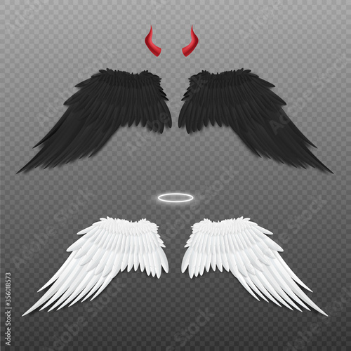 Canvas Angel and devil wings, nimbus and horns realistic vector illustration isolated