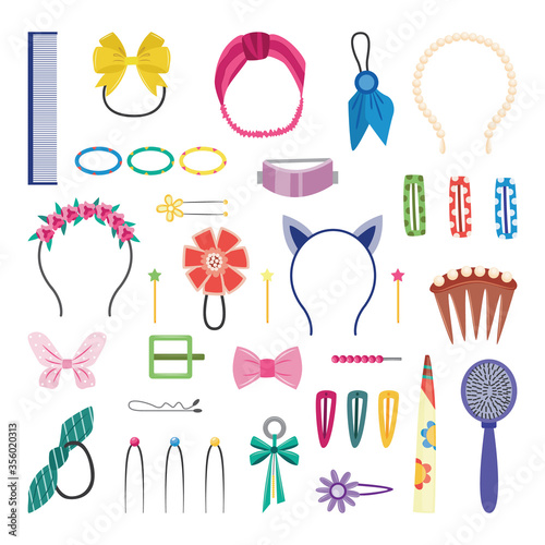 Girly hair accessories, isolated set of cute hairstyle decorations