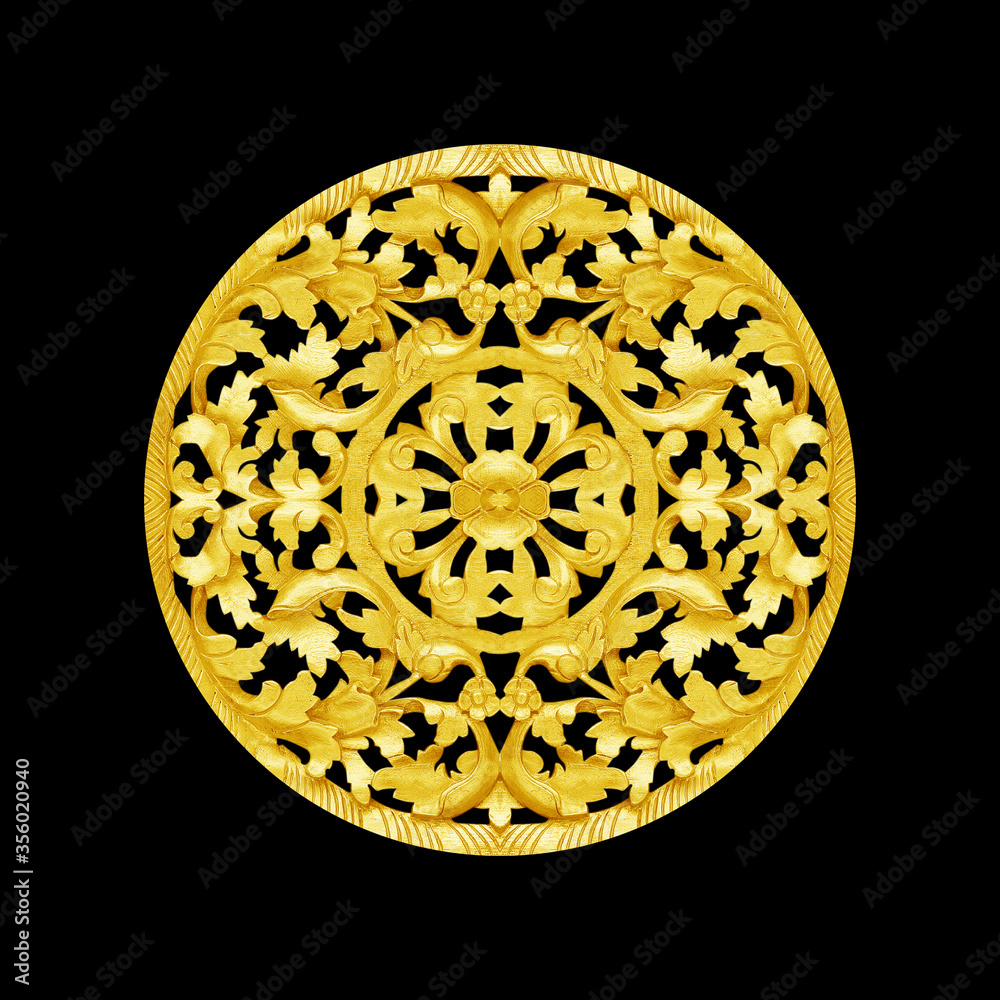 Pattern of wood carve gold paint for decoration on black background