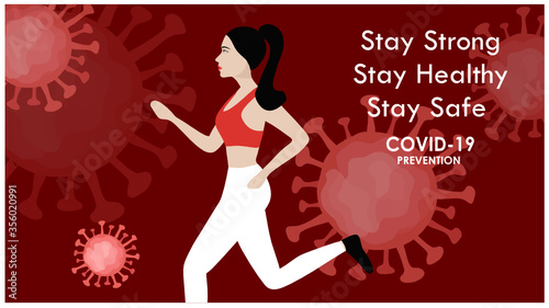 Stay strong stay healthy stay safe from COVID=19, woman running on COVID-19 background vector illustration