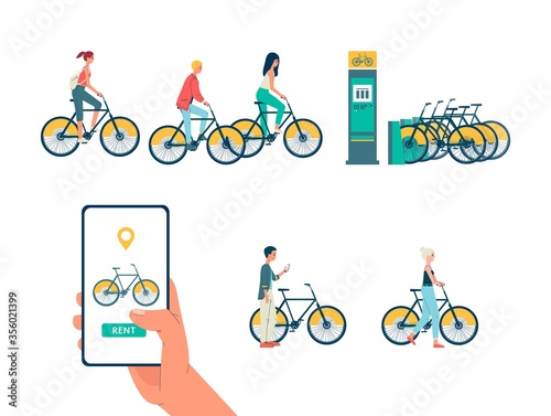 Bicycle rent set with bike station for vehicle flat vector illustration isolated.