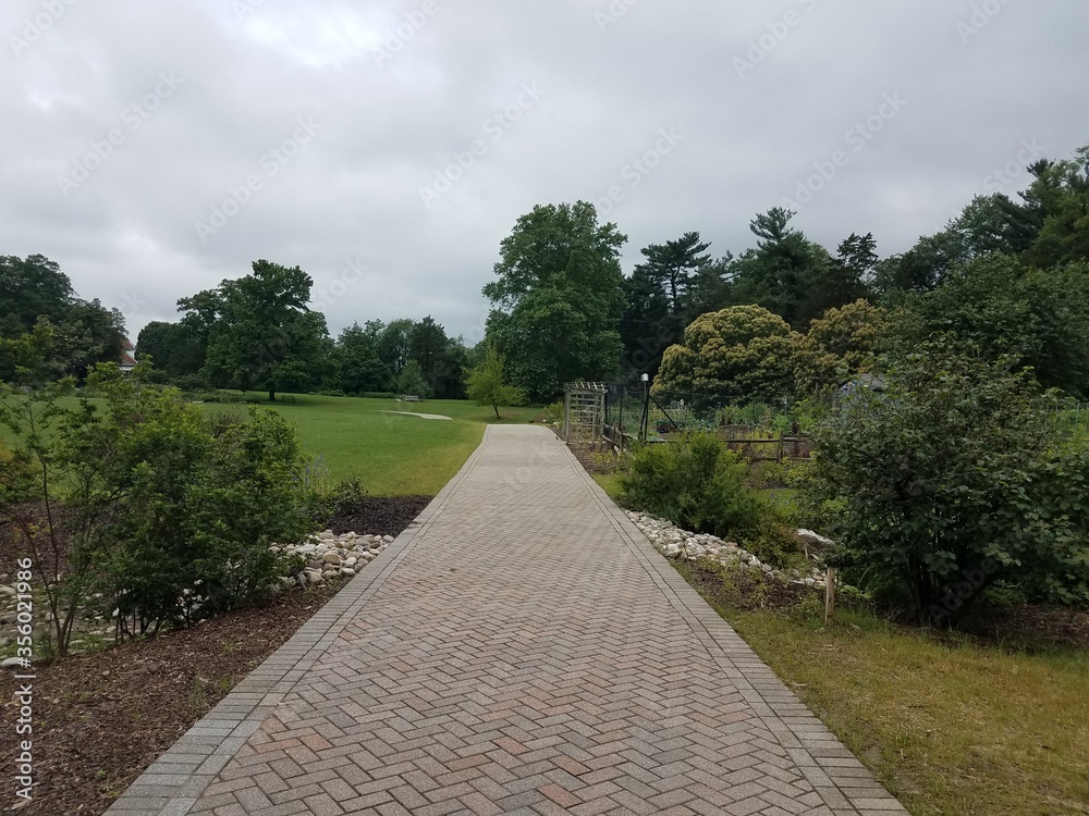 stone brick path or trail and green grass and trees