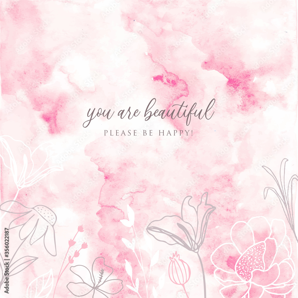 floral hand drawn and abstract pink watercolor background
