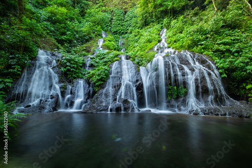 Waterfall landscape. Beautiful hidden waterfall in tropical rainforest. Nature background. Slow shutter speed  motion photography. Pucak Manik waterfall  Bali  Indonesia