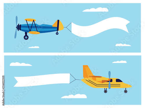 Flat cartoon banner set of retro airplane dragging blank white ribbon flag in air