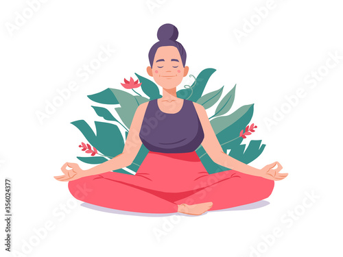 Young woman meditating outdoors. Relax concept vector illustration. Girl sitting in padmasana pose isolated on white. Flat cartoon character.