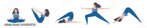 Woman practicing yoga. Yoga workout poses. Girl exercising, meditating, doing fitness. Female yoga illustration isolated on white.