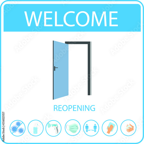 REOPENING text and practical prevention tips for the prevention of COVID19 coronavirus contamination. Service, restaurant, shop and cafe re-opening. Template: door sign, banner, blog.