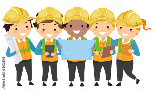 Stickman Kids Engineers Hard Hats Illustration