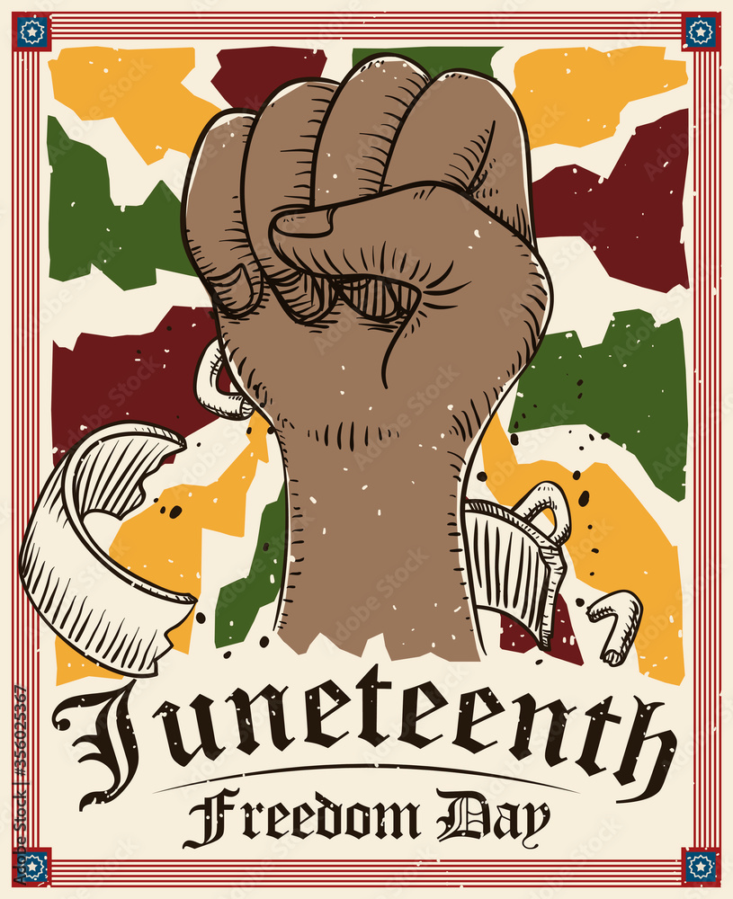 Fist Up Drawing and Frame Celebrate Juneteenth or Freedom Day, Vector ...