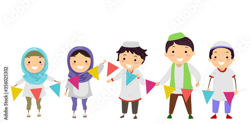 Stickman Kids Muslim Hold Buntings Illustration