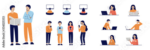 People watching TV, chatting with friends, checking email. Men and women type messages, read newspaper, share news, surf the web. Boy and girl with smartphone, laptop. Mass media. Modern vector set