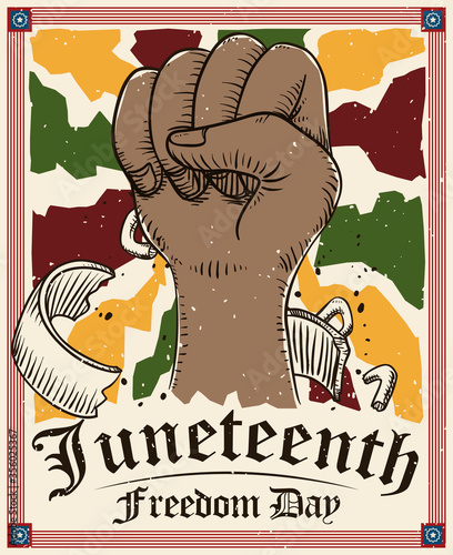 Fist Up Drawing and Frame Celebrate Juneteenth or Freedom Day, Vector Illustration