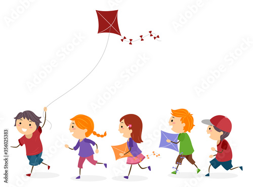 Stickman Kids Play Kite Illustration