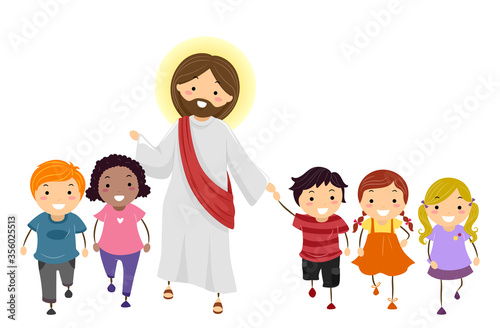 Stickman Kids Walk With Jesus Illustration