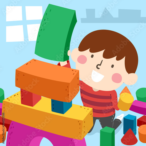 Kid Boy Building Blocks Simple Shapes Illustration