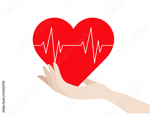 Hand holding red heart rate pulse beat isolated vector illustration. Heart check up and health medical care design concept background