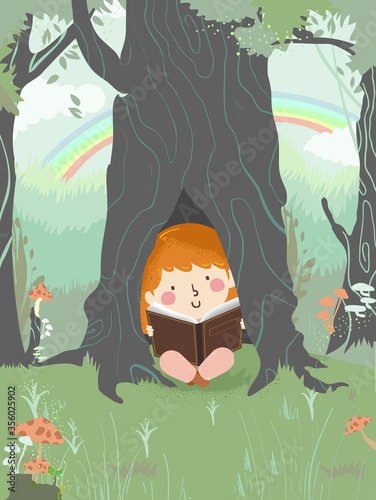 Kid Girl Read Inside Tree Trunk Illustration