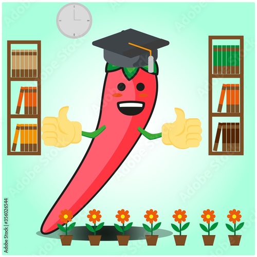 Cute mexican chili graduation cartoon face character with two bookshelf and flowers image design