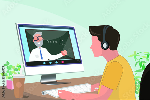college student attending online class listening to lecture by a professor