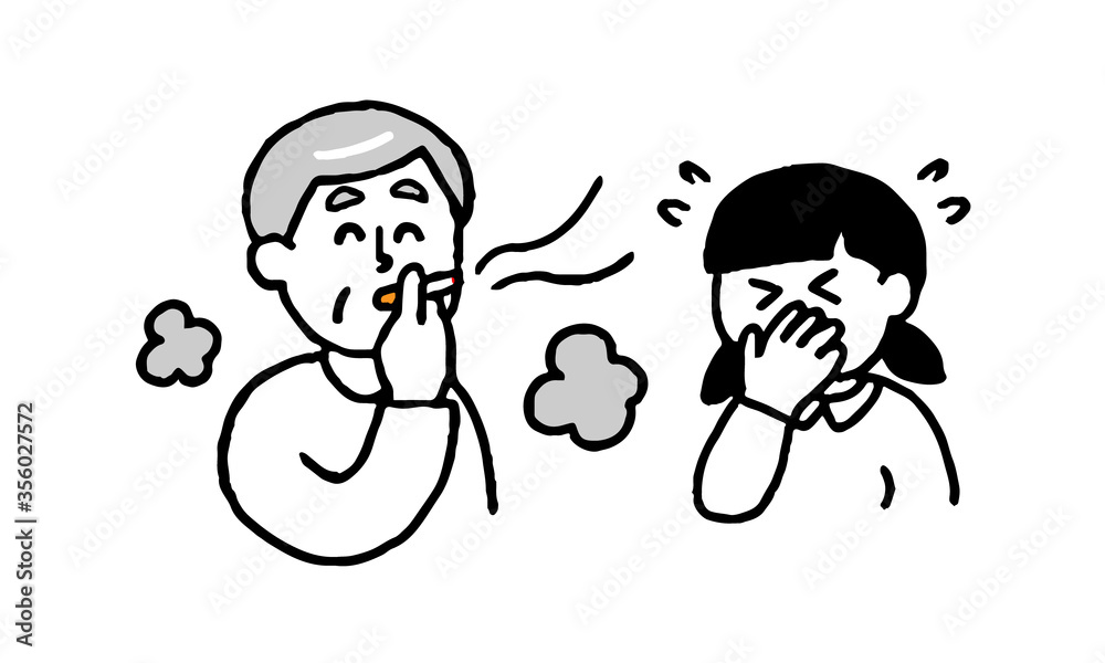 タバコを吸うシニア男性と煙とにおいを嫌がる女の子(シンプル) タバコを吸うシニア男性と煙とにおいを嫌がる女の子(シンプル)