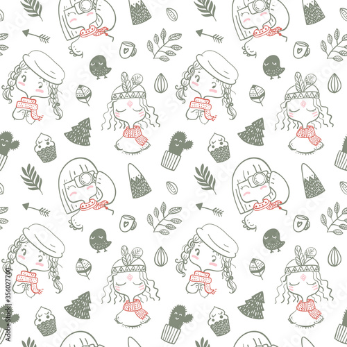 Cute girl seamless pattern background hand drawn