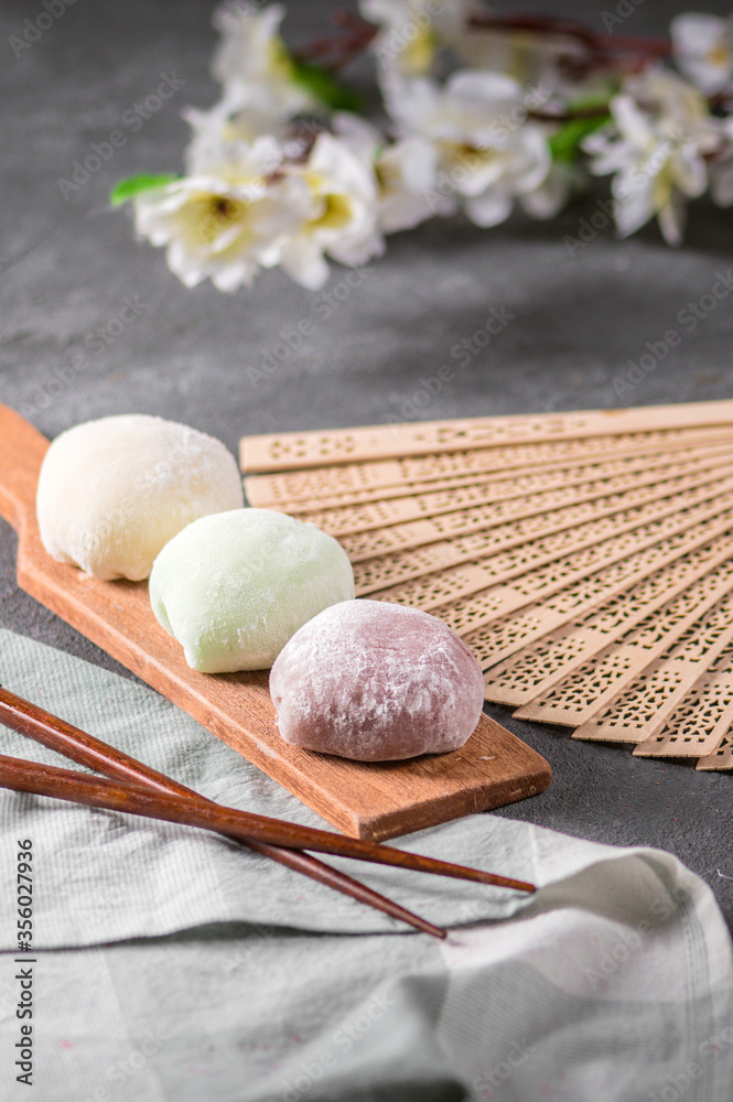 The colorful mochi dessert on light background