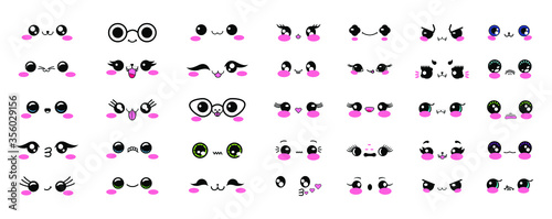 Set of cute kawaii faces, eyes, nose, mouth, teeth, jaws, eyelashes, eyebrows, emotions, teeth, fangs, lips. Japanese anime and manga style, smile, anger, embarrassment, kiss, temptation, joy.