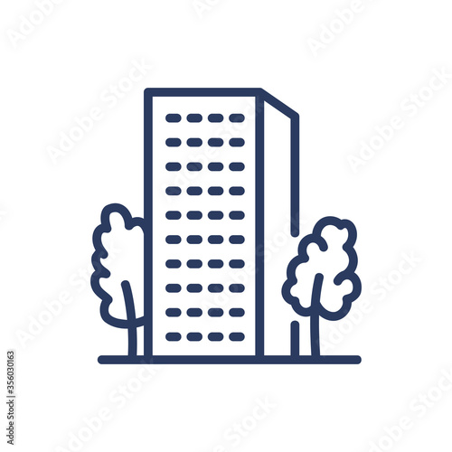 Multistory apartment house thin line icon. Housing, home, tree isolated outline sign. Buildings and urban architecture concept. Vector illustration symbol element for web design and apps