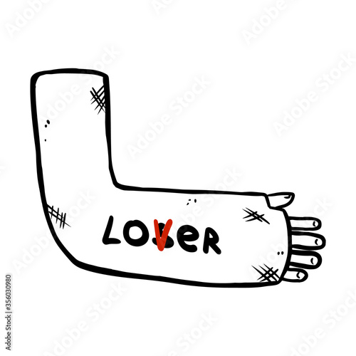 Broken arm cast doodle with lover or loser text message. Injured limb in gypsum plaster. Media glyph graphic symbol