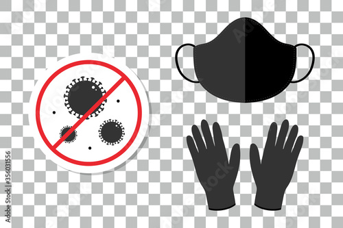 Covid-19 protection measures. Medical face mask, rubber gloves and stop coronavirus sticker. Vector icons, illustration.
