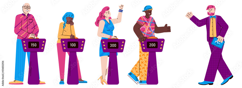 Quiz show host and players cartoon characters, flat vector illustration ...