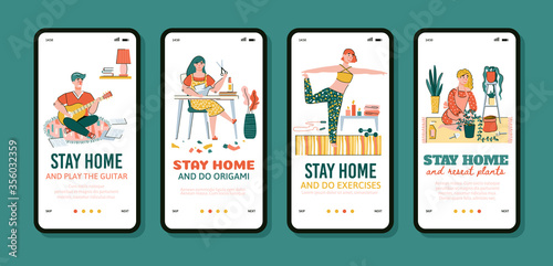 Stay home mobile app poster set with quarantine hobby activities - cartoon people doing art and exercise in isolation lockdown. Vector illustration of onboarding banners.