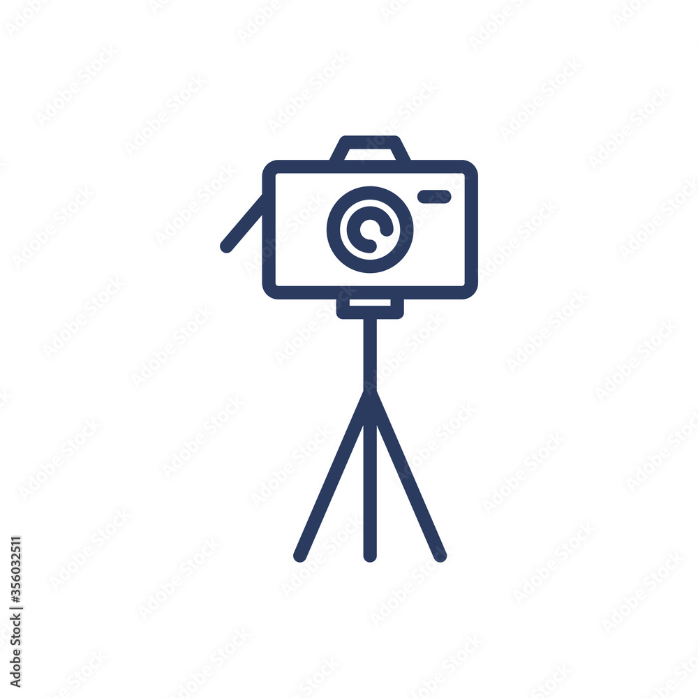 Camera on tripod thin line icon. Stand, studio, static shot isolated outline sign. Photography, technology, equipment concept. Vector illustration symbol element for web design and apps Camera on tripod thin line icon. Stand, studio, static shot isolated outline sign. Photography, technology, equipment concept. Vector illustration symbol element for web design and apps