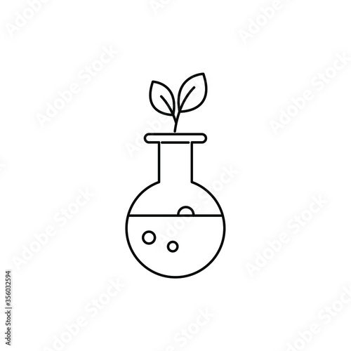 Flask with solution and sprout. Vector icon, black outline isolated on white background, eps 10.