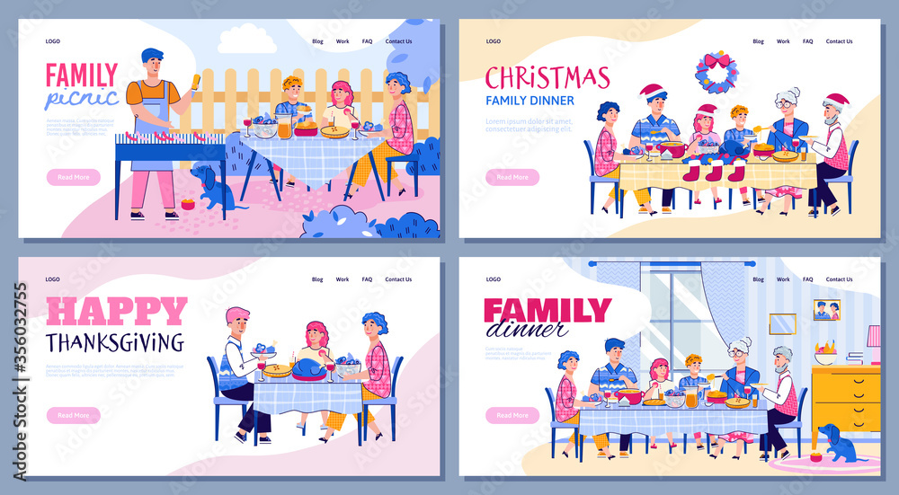 Colorful flat line illustrations of a happy family that eats sitting at the table at home or having a picnic in nature. A festive Christmas family lunch or dinner. Smiling parents, grandparents and